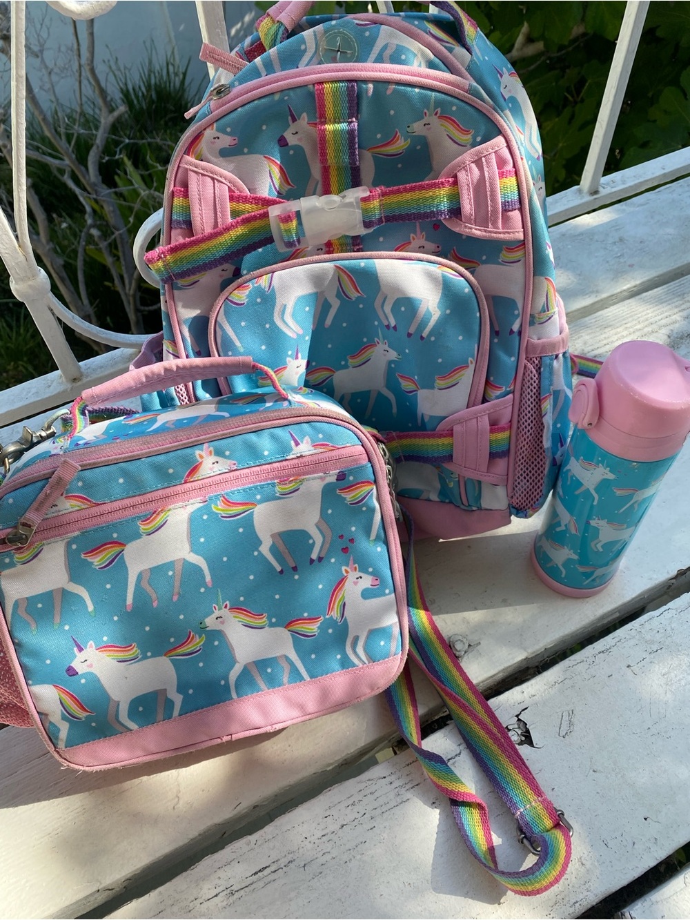 Pottery Barn Kids Unicorn Backpack, Lunch Bag & Bottle Set - Pink & Blue